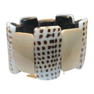Vintage Tan Brown Glass Rectangle Animal Polka Dot Beaded Stretch Bracelet 8in